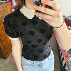 Modcloth Black Cat Print Blouse with White Collar